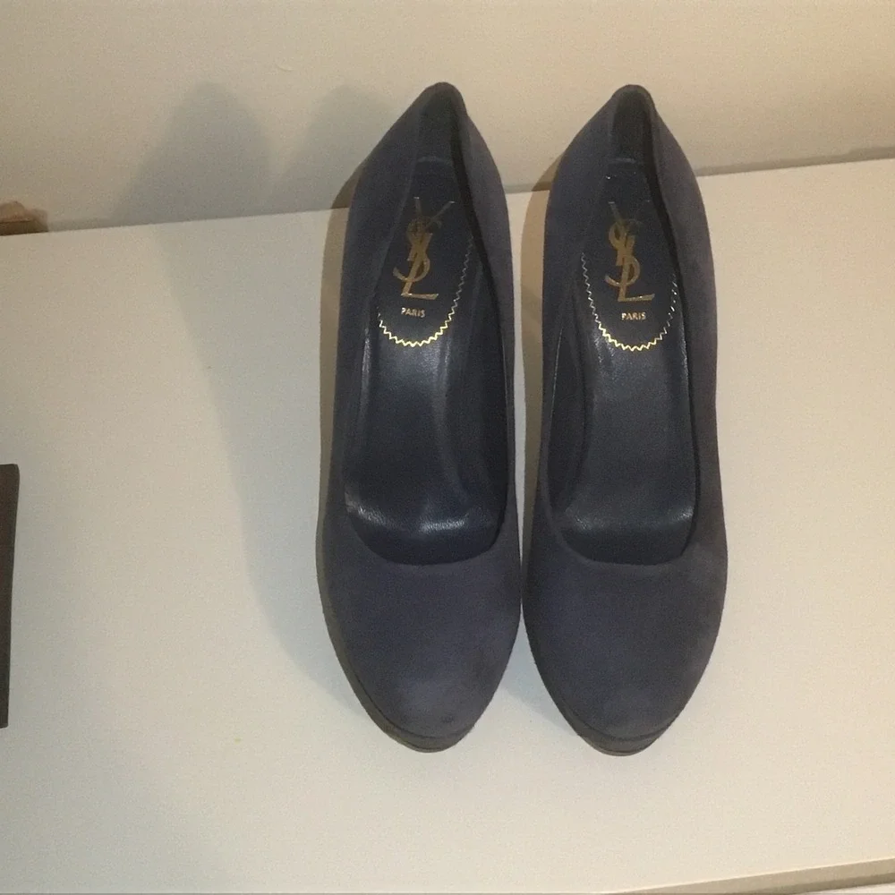YSL Saint Laurent Paris Navy Blue Suede Palais Platform Pumps Heels 39.5 9.5 LN - Picture 4 of 7